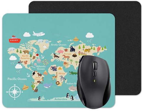 World Map, for kids with animals Mouse mat pad for UK with Holiday Non Slip PC Desktop Laptop for Home,work school office (turquoise)