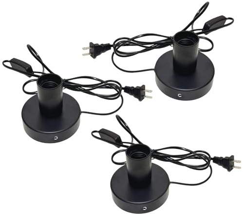 Jashem Polished Metal Light Bulb Socket E26 E27 Desktop Lamp Base Bulbs Holder Replacement Base for Holding Bulb, 6 Feet Black Cord on Off Switch Plug,3 Packs