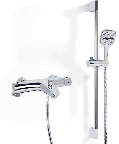 Ronvie Thermostatic Shower Mixer Tap Set, Thermostatic Shower Mixer Bar with Adjustable Shower Riser Kit,(1x Hand Shower,1x Shower Rail 70cm, 1x Shower Hose 1.5m,1x Deck Mounted Shower Mixer)