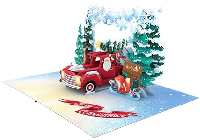 ASVP Shop Weihnachtskarte – 3D-Pop-Up-Motiv – Weihnachtsmann fährt einen roten Pickup-Truck mit Weihnachtsbaum in einem verschneiten Wald