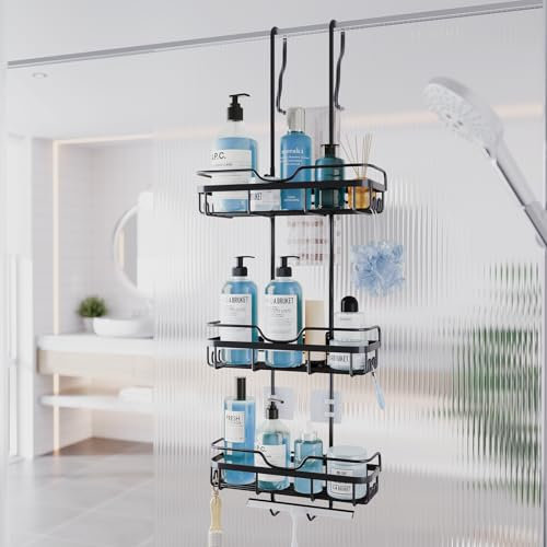 Yoillione Étagère Salle de Bain sur la Porte: Etagere Douche Suspendue sur Verre avec Crochets - Etagère de Rangement pour Shampoing sans Percage - Noir Mat