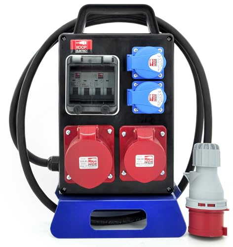 KOOP Elektro Mobiler Baustromverteiler 400V CEE 16A 32A Schuko | Tragbarer Wandverteiler mit 2m H07RN-F Kabel, C16A LS-Schalter, IP44/54 für Baustelle & Werkstatt, Anschlußfertig