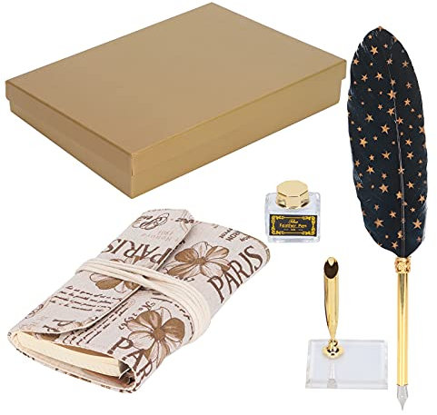 Ylwxzenith Quill Pen Box Set with Dip Fountain Pen, Vintage Notebook, Acrylic Pen Holder and Empty Ink Bottle for Art Calligraphy Writing Drawing (SP152001 Black Venus Star)