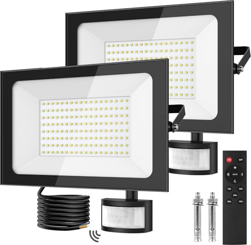 Sararoom Foco LED Exteriore con Sensor de Movimiento 150W, 15000LM Foco Proyector LED, 2pz 6500K Blanca fría Luz de Seguridad, IP65 Impermeable Floodlight para Jardín Garaje Patio Estadio Hotel Naves