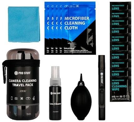 PRO STUFF CTP-15 – 19-teiliges Kamera Reinigungsset für Objektiv, Display und Filter – mit Lens Pen, Blasebalg, Reinigungsspray, Tüchern, feuchten Reinigungstüchern, Etui mit Reißverschluss