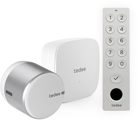 tedee Lock GO 2 Aluminium Set |smartes Türschloss Silber | WLAN-Bridge | biometrisches Tastenfeld Weiß | Smart Home iOS, Android | Bluetooth | PIN + Fingerprint | keine Installationshardware