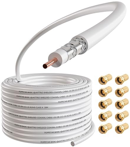 POPPSTAR 50m Koaxialkabel (RG6, Durchmesser 7,3mm, PVC-Mantel weiß, CCS-Innenleiter), mit F-Steckern