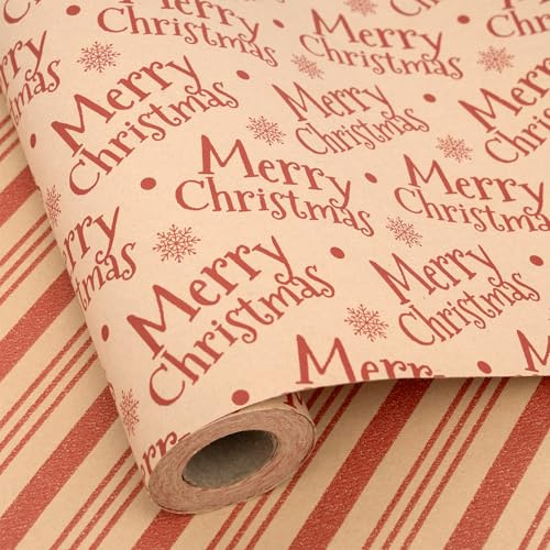 Larcenciel Papier Cadeau Rouge– Rouleau Papier Cadeau Kraft 10m x 43cm, Double Face Recyclable Imprimé avec les Mots « Joyeux Noël », Idéal pour Kit Emballage Cadeaux Noel – Design Festif et Rustique