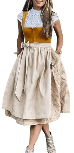 Angxiwan Dirndl für Damen,Trachtenkleid Dirndlkleid Trachtenmode Midi Bayerisches Dirndl Kleid für Damen Lang Wiesn Outfit Elegant Retro Kleider Festlich für Bierfest Oktoberfest