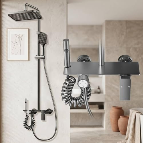Bostar Duschsystem mit Armatur, 4 Modi Regendusche Duscharmatur Komplettset mit ABS Duschkopf Handbrause, 65-105 cm Höhenverstellbar, Grau Titan