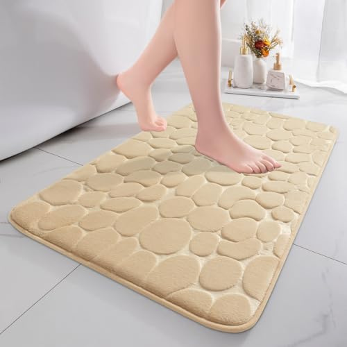 chakme Badematte rutschfest, 50x80 cm Dunkelbeige Badezimmerteppich | Memoryschaum Badteppich, Waschbar Badvorleger, Wasserabsorbierend Kieselsteine Duschvorleger