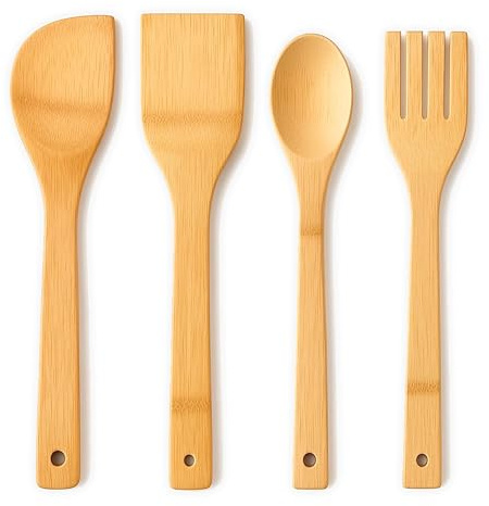 BERIZZA Set de utensilios de cocina de madera de bambú | Incluye cucharas y espátula resistentes al calor | Utensilios ecológicos y seguros para cocinar | Madera natural, Sin Barniz, Sin pvc