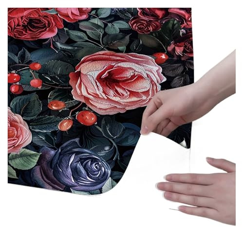 VFIDPSU Rote Blumentapete, selbstklebend, Vinyl, wasserdicht, for Küche und Bad, Wanddekoration, dunkle Blumentapete, Schrankaufkleber
