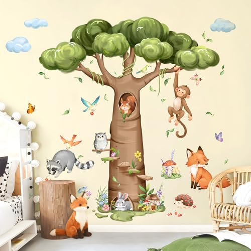 Tanlaby Dschungel Wandtattoo Affenbrotbaum Äffchen Lemuren Eichhörnchen | Waldtiere für Kinder Junge Babyzimmer Schlafzimmer Wohnzimmer