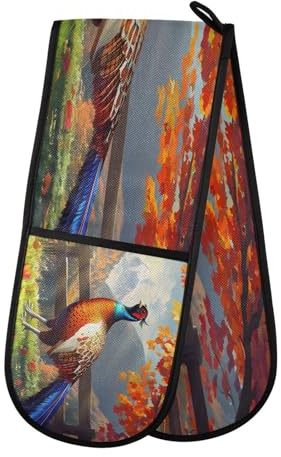 Oven Gloves Double Oven Gloves Beautiful Pheasant Autumn Oven Mitts Pot Holder Heat Resistant Quilted for BBQ Baking Kitchen Cooking Gloves