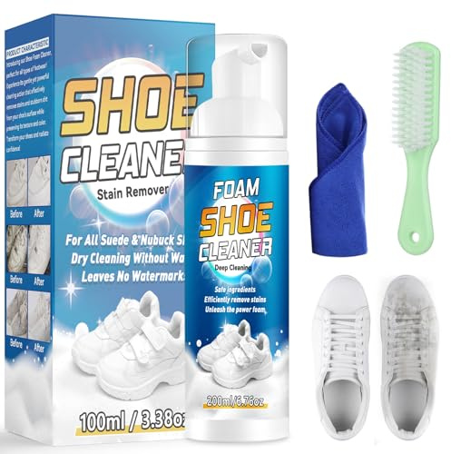 Wansiven Shoe Cleaner, 200ml White Trainer Shoe Cleaner Foam, Powerful Stain Remover Shoe Cleaning Kit with Cleaning Brush & Cleaning Cloth for Shoes, Sneaker, Leather, Nubuck, Suede, Canvas
