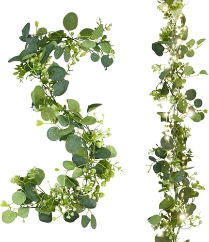 CECOMBINE 2PCS 6Ft Artificial Eucalyptus Garland with Lights, Faux Greenery Vines with White Flowers and 60 LED Fairy String Lights, Artificial Garlands for Home Decoration Table Runner Hanging Decor