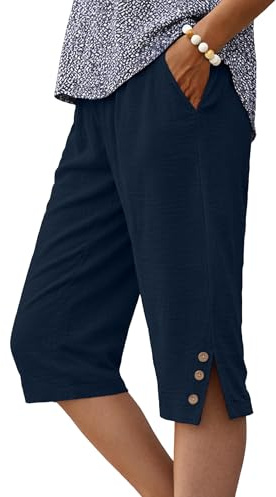 IWOLLENCE Pantaloncini al ginocchio da donna con tasche culottes estivi pantaloni Capri per il Regno Unito orlo diviso bottoni decorativi in legno leggeri e traspiranti elastico in vita