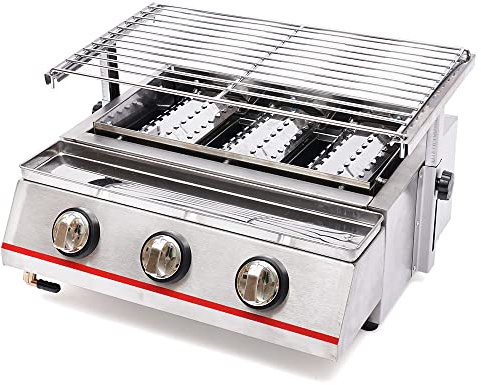 Gasgrill Camping, 3 Brenner Tischgrill Gas für Balkon und Garten - Kompakter Camping Grill mit Kochplatte & Fettpfanne, Ideal für Outdoor, Terrasse und Kleine Feiern