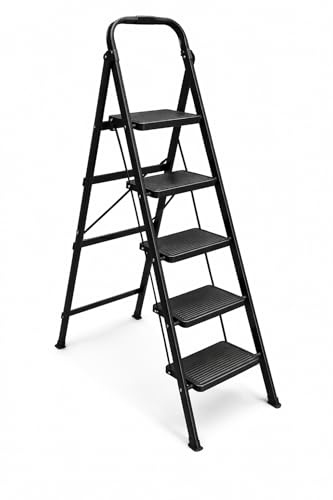 Escabeau 5 Marches Pliable – Antidérapant et Stable avec Poignée – Escabeau XXL et Portable en Acier Robuste – Échelle de Bricolage Compacte pour Maison et Jardin – Charge 150 Kg