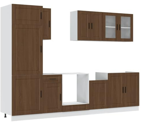 QJBSAVVA 8-TLG. Küchenschrank-Set Kalmar, Moderne Küchenzeile in Braun Eichen-Optik, Einbauküche aus Holzwerkstoff mit Glas-Hängeschrank, Unterschränke und Vorratsschrank für Stauraum