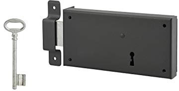 THIRARD - Serrure Horizontale en Applique à Clé pour Porte de Cave - Pêne Seul - Gauche - Axe 105 mm - 160 x 80 mm - Noir - 1 Clé - Gâche à Pattes Acier