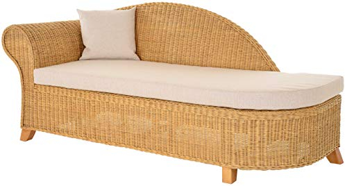 Krines Home Rattan Recamiere Elegance Rattanliege Chaiselongue Lounge Liege mit Polster (Honig, Links)