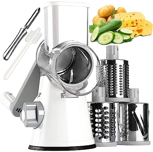 KEOUKE Rotary Cheese Grater Hand Crank Vegetable Cheese Shredder Slicer Grater for Kitchen 3 Changeable Blades for Cheese Potato Zucchini Nuts Chocolate (White)