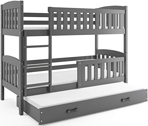 Interbeds Etagenbett Hochbett QUBA für DREI Kinder 90x200cm GRAU + Varianten, Kinderbett mit Lattenroste, Matratzen und Schublade (Grau + graue Schublade)