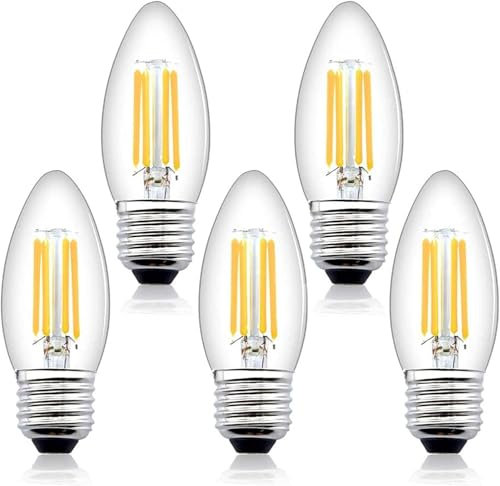 Bonlux C35 Filament Candle LED Bulb 4W Dimmable Warm White 2700K Edison Screw ES Vintage Candle Light Bulbs (5-Pack) 35W 40W Halogen Replacement Decorative Chandelier Bulbs