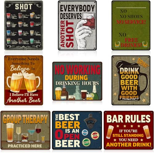 9 Stück Vintage Bier Bar Schild Plakat Group Therapy Practiced Here Kunst Vintage Shots Menu Lustig Schild Karton für Bar Restaurant Café Kneipe Männerhöhle, 11 x 14 Zoll, 9 Stile