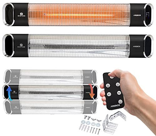Arebos Infrarot Heizstrahler 2000 W | mit Fernbedienung | 2 Heizstufen | 60° Neigung inkl. Montagematerial | Wärmestrahler Terrassenstrahler Terrassenheizer Deckenstrahler | Schwarz