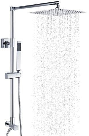 Fennocasa Polaris Lux Regenduschset, 25,4 cm, quadratischer Regenduschkopf mit Handbrause, Schiebestange und vertikales Verlängerungsrohr (2,5 GPM, Chrom)