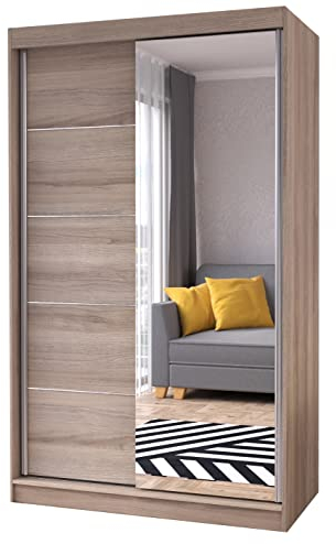 Fabryka Mebli Idźczak Kleiderschrank mit Spiegel, Wohnzimmerschrank - Sonoma Schwebetürenschrank, Schlafzimmerschrank - 61 x 120 x 200 cm - Schrank für Schlafzimmer, Wohnzimmer, Garderobe