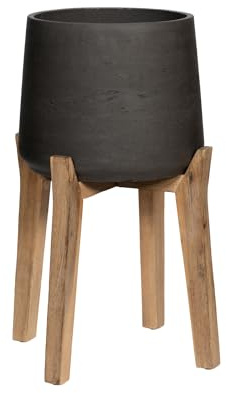 Finestgreen Patt Feet High | Handgefertigtes Pflanzgefäß auf Holzfüßen (XXL Ø:43,5 H:65 cm, Schwarz) Pottery Pots