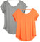 icyzone Damen Rückenfrei Yoga T-Shirt Kurzarm Sport Freizeit Tops Lose V-Ausschnitt Shirt, 2er Pack (XL, Grau/Orange)