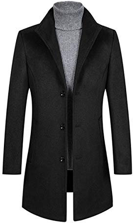 Allthemen Mens Winter Wool Trench Coat Mid Length Slim Fit Casual Stand Collar Overcoat 802# Black XL