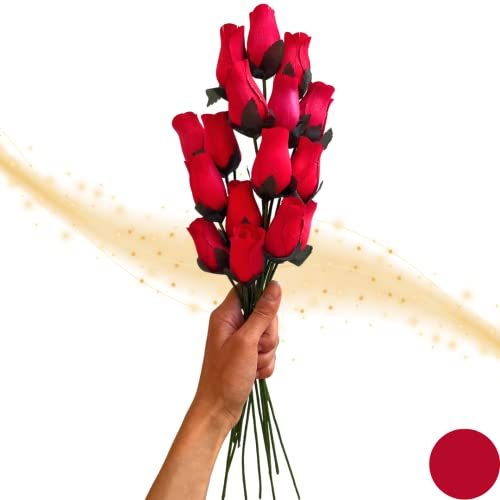 Idea Regalo Natale 2024- Bouquet Fiori Legno - 16 Pezzi Boccioli Legno Gambo Lungo - Confezione Come Dal Fiorista - Regalo Per Lei (Rosso)