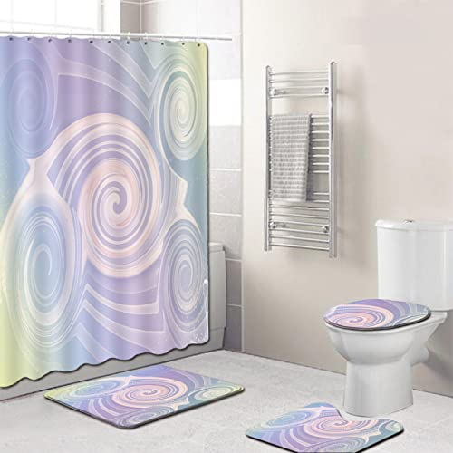 Duschvorhang Gelb-Rosa-Flieder Badezimmerteppich 4-Teiliges Set, Duschvorhang 180x180 Polyester+Badematte rutschfeste(50x80)+U-Typ Teppich Wasseraufnahme Schmutzfangmatte+Toile Fußmatte