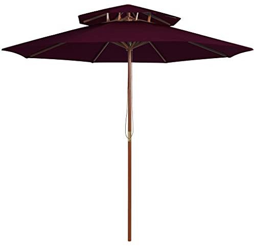 INLIFE Sombrilla con doble techo y mástil de madera, color burdeos, 270 cm