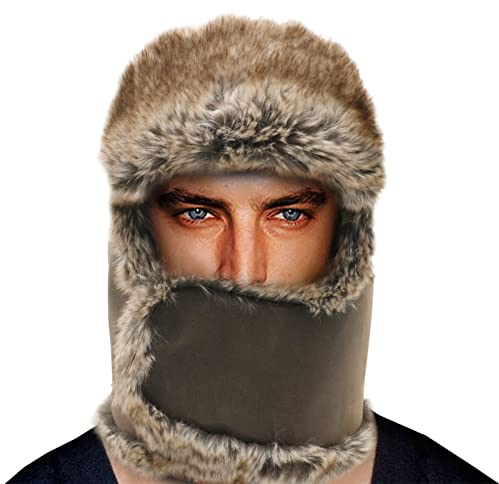 Heavyoff Unisex Kunstleder Sturmhaube Kunstfell Fliegermütze Warme Wintermütze Winddichte Trappermütze Braun Groß
