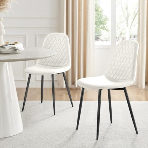 Furniturebox UK Corona Dining Chairs Set of 2 Contemporary & Luxurious Diamond Stitched Dining Seats - Soft & Comfortable - White Faux Leather & Powder Coated Black Metal Legs (Set of 2)