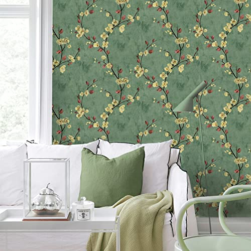 FENTIS Green Wallpaper Floral Self Adhesive Contact Paper Vintage Removable Sticky Back Plastic Vinyl Film Waterproof Roll for Cabinet Bedroom 44.5x500cm