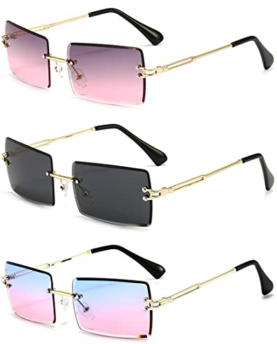 TSLRSA sonnenbrille damen - 3 Stücke Rechteck Randlose Sonnenbrille, Retro Durchsichtige Linse Rahmenlose für Frauen Männer,Square Rimless Sunglasses(3 Farben)