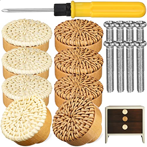VILLCASE Rattan Möbelknöpfe, 8 Stück Schrankknöpfe Holz Vintage Kommodenknöpfe mit Schrauben Schraubendreher für Schränke Schubladen (Weiß & Hellbraun)