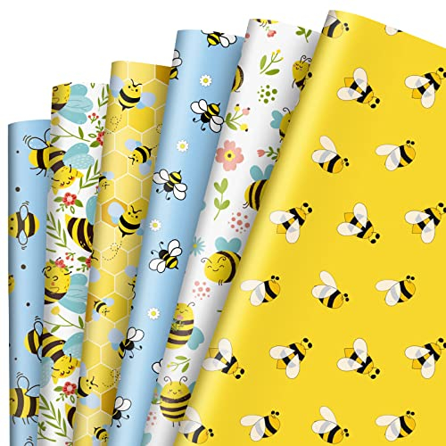Grehge Bee Geschenkpapier 6 Stile Gelb Blau Blumen Bienen Geschenkpapier gefaltet flach Frühling Sommer Kunstpapier 50 x 70 cm für Geburtstag Braut Babyparty Hochzeit DIY Handwerk Geschenkverpackung