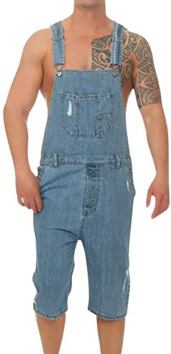Oanviso Salopette Corta in Denim da Uomo Tinta Unita/Foro Strappato Jumpsuit con Cinturino Regolabile Multi-Tasche Casual Jeans Comodo Salopette Classico Vintage Abiti da Lavoro E Blu XL