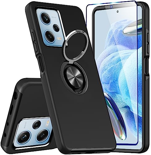 KRAFTCARE Hülle für Xiaomi Redmi Note 12 Pro 5G/Poco X5 Pro 5G mit 1 Pack Panzerglas Schutzfolie, Handyhülle mit Eingebetteter 360° Grad Ring, Magnetische Schutzhülle Stoßfest Case,Schwarz