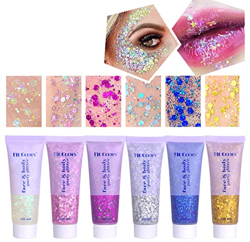 Body Glitter Gel, MKNZOME 6 Farben Festival Glitzer Gesicht Körperglitzer Glitzer Flüssiger Lidschatten für Gesicht Haare Lippen Nägel Make Up Halloween Festival Zubehör