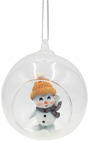***Glaskugel mit Anhänger - Schneekind - Schneemann mit Mütze und Schal in orange und grau, L/B/H 8 x 7 x 8,5 cm